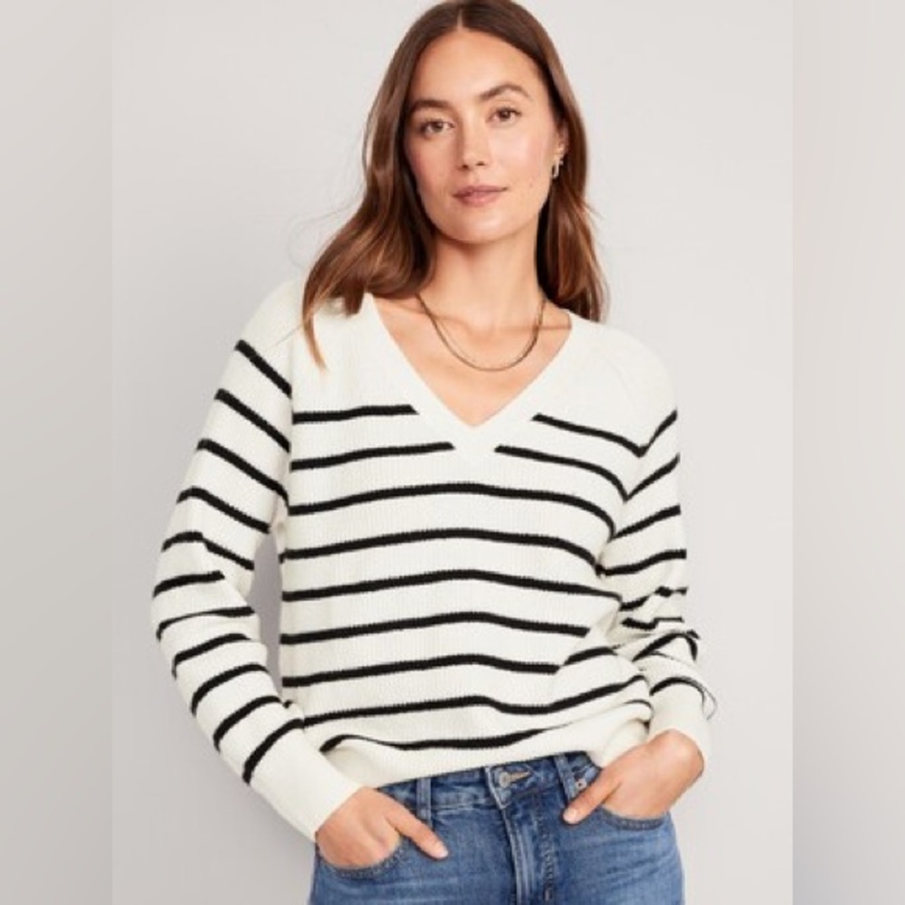 Old Navy Cream and Black Striped V-Neck Knit Sweater